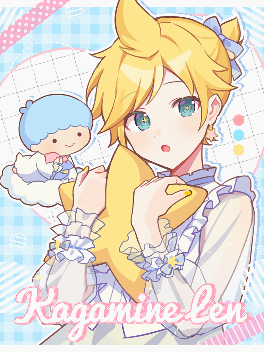 +_+ 2boys :o blonde_hair blue_background blue_bow blue_eyes blue_hair bow character_name checkered_background cloud collar earrings frilled_collar frilled_sleeves frilled_wrist_cuffs frills grid_background hair_bow hands_up highres holding holding_pillow jewelry kagamine_len kiki_(little_twin_stars) long_sleeves looking_at_viewer multiple_boys parted_lips pillow project_sekai sanrio see-through_clothes see-through_sleeves short_hair star_(symbol) star_earrings upper_body vocaloid waka_(wk4444) wrist_cuffs yellow_nails