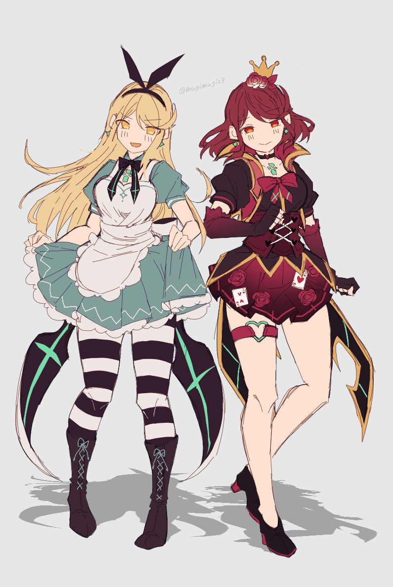 2girls alice_in_wonderland alternate_costume blonde_hair mugimugis multiple_girls mythra_(xenoblade) pyra_(xenoblade) red_eyes red_hair xenoblade_chronicles_(series) xenoblade_chronicles_2 yellow_eyes