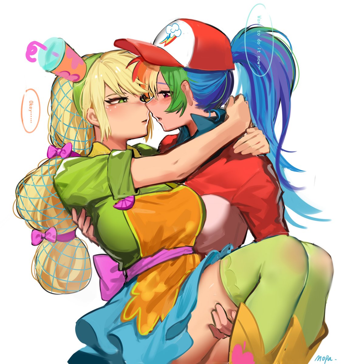 2girls alternate_skin_color applejack applejack_(equestria_girls) apron arms_around_neck back_bow baseball_cap belt blonde_hair blue_hair blue_skirt boots bow breasts brown_boots carrying carrying_person collared_shirt cup cutie_mark drinking_straw face-to-face feet_out_of_frame freckles green_eyes green_hair green_hairband green_shirt green_thighhighs hair_net hairband hashtag-only_commentary hat high_ponytail highres kewoshixiaodaia knee_boots knees_up large_breasts long_hair miniskirt multi-tied_hair multicolored_hair multiple_girls my_little_pony my_little_pony:_equestria_girls my_little_pony:_friendship_is_magic official_alternate_hairstyle orange_apron orange_hair parted_lips pink_belt pink_bow pink_eyes ponytail princess_carry purple_hair rainbow_dash rainbow_dash_(equestria_girls) rainbow_hair red_hair red_hat shirt short_sleeves simple_background skirt streaked_hair swept_bangs thighhighs upper_body white_background yuri zettai_ryouiki