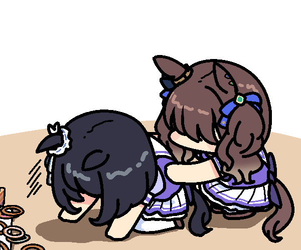 2girls animal_ear_piercing animal_ears black_hair blue_ribbon brown_hair chibi chibi_only comforting commentary ear_ornament ear_scrunchie ears_down eishin_flash_(umamusume) fujino_ayami hair_ribbon horse_ears horse_girl horse_tail jazz_jack kneeling motion_lines multiple_girls pakatube pleated_skirt puffy_short_sleeves puffy_sleeves purple_shirt ribbon ring_toss sailor_collar scene_reference school_uniform shirt short_sleeves skirt summer_uniform suzuki_eri_(voice_actor) tail thighhighs tosen_jordan_(umamusume) tracen_school_uniform twintails umamusume voice_actor_connection white_sailor_collar white_shirt white_thighhighs