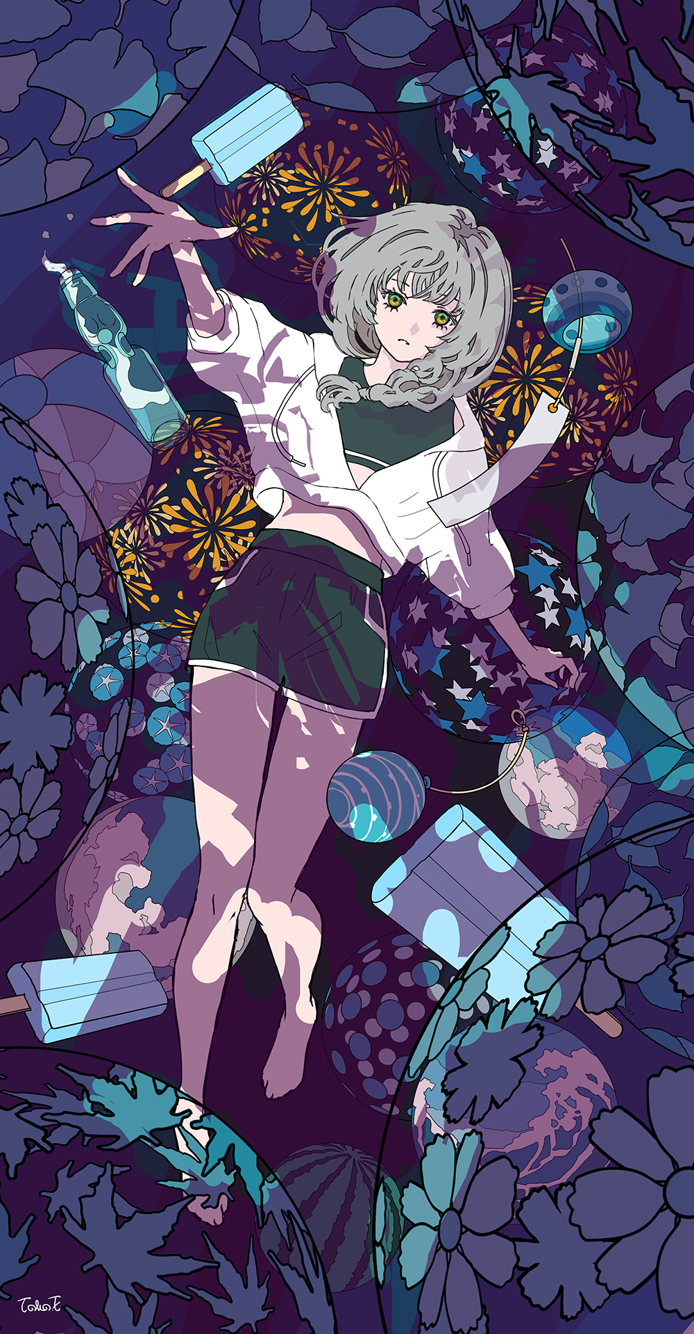1girl artist_name ball barefoot beachball braid commentary expressionless falling fireworks_print floral_print food food_print fruit fruit_print ginkgo_leaf_print green_eyes grey_hair highres hood hoodie ice_cream morning_glory_print original pants popsicle ramune reaching reaching_towards_viewer scenery seraphitalg signature sky_print star_(symbol) star_print summer track_pants watermelon watermelon_print wind_chime