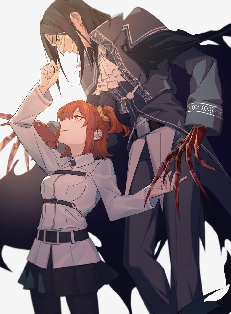1boy 1girl ascot blood bloody_weapon claws collared_jacket european_clothes eye_contact fate/grand_order fate_(series) feet_out_of_frame fujimaru_ritsuka_(female) green_hair grey_pants half_mask high_collar jacket long_sleeves looking_at_another male_focus mask ne_dzumi orange_hair pants parted_bangs phantom_of_the_opera_(fate) red_eyes smile weapon white_ascot