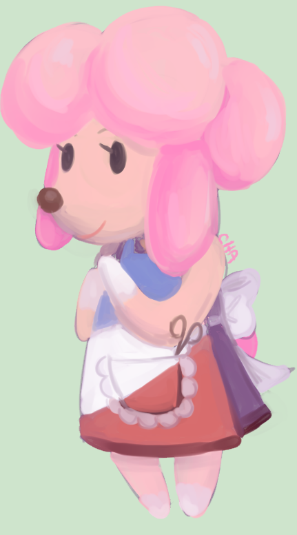animal_crossing animal_ears apron chahaky dog dog_ears harriet_(animal_crossing) nintendo pink_hair poodle simple_background smile