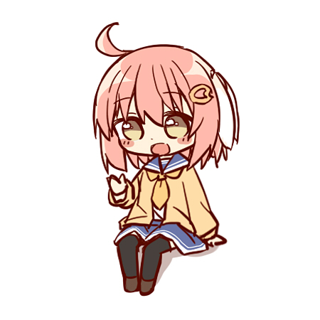 1girl :d ahoge black_thighhighs blue_sailor_collar blue_skirt blush_stickers brown_eyes brown_jacket brown_neckwear brown_shoes chibi full_body hair_between_eyes hair_ornament jacket long_sleeves lowres open_clothes open_jacket open_mouth original pink_hair sailor_collar shadow shirt shoes sitting skirt smile solo thighhighs white_background white_shirt yune_(ayanepuna) yuune_(ayanepuna)