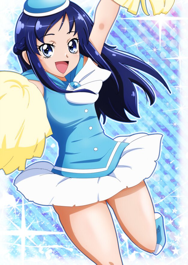 1girl beret blue_background blue_eyes blue_hair blue_shirt blush braid cheering cheerleader cowboy_shot dokidoki!_precure hat hishikawa_rikka holding holding_pom_poms long_hair miniskirt pom_pom_(cheerleading) pom_poms precure pururun_z shirt side_braid skirt smile solo sparkle_background standing standing_on_one_leg white_background white_skirt