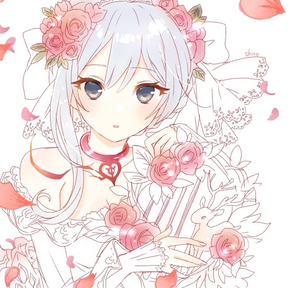 1girl bad_id bad_twitter_id blush bow breasts choker cleavage dress flower frilled_dress frills grey_eyes hair_bow harp holding holding_instrument instrument long_sleeves looking_at_viewer medium_breasts partially_colored red_flower red_rose rose shiro_snow simple_background single_sidelock sinoalice sketch snow_white_(sinoalice) solo white_background white_hair