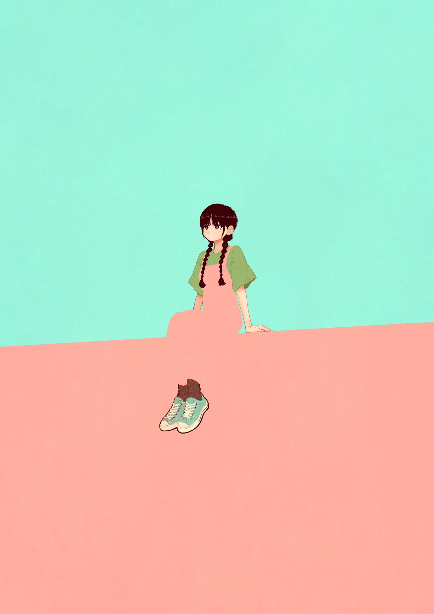 1girl aqua_background aqua_shoes black_hair blending braid dress expressionless green_shirt highres long_hair original pink_background pink_dress shirt shoes short_sleeves sitting socks solo syooooyoooo twin_braids two-tone_background wide_shot