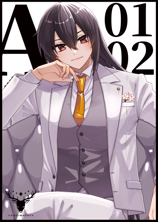 1girl black_hair collared_shirt commentary_request corsage formal_clothes grey_vest hair_between_eyes jacket kantai_collection looking_at_viewer machi_(ritovoyage) nagato_(anniversary)_(kancolle) nagato_(kancolle) necktie official_alternate_costume orange_necktie pants red_eyes shirt sitting smile solo suit suit_jacket vest waistcoat white_jacket white_pants white_shirt white_suit