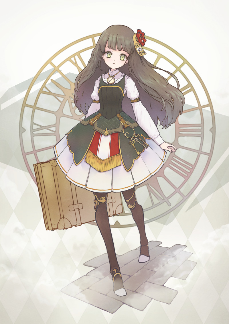 1girl android aoyagi_neko argyle arm_strap blunt_bangs brown_hair buckle character_request clock collared_shirt commentary_request doll doll_joints dress expressionless female_focus fringe_trim full_body gauge green_dress green_eyes head_tilt holding holding_luggage jewelry joints key label long_hair long_sleeves looking_at_viewer luggage mechanical_legs necklace parted_lips revision robot_joints roman_numeral shirt sleeveless sleeveless_dress solo standing steam steampunk steampunk_(liarsoft) stone_floor tag valve walking white_background white_shirt wind