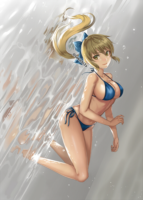 1girl ass back-tie_bikini bikini blonde_hair blue_bikini blue_ribbon blush breasts brown_eyes cleavage hair_between_eyes hair_ribbon large_breasts legs long_bangs long_hair looking_at_viewer looking_to_the_side ponytail pool reflection reflective_water ribbon sakichi6891 shin_sangoku_musou shiny_skin side-tie_bikini_bottom smile solo solo_focus swimsuit thighs underwater wang_yuanji_(shin_sangoku_musou) water wet
