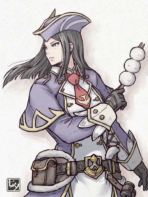 1girl belt belt_pouch black_belt black_gloves blue_coat blue_eyes blue_hat buttons closed_mouth coat dame_luchika dango floating_hair food gloves grey_hair hat holding holding_food long_hair long_sleeves monster_hunter_(series) monster_hunter_rise multicolored_coat necktie parted_bangs pink_lips pouch red_necktie sleeve_cuffs solo tanabanata tricorne two-tone_coat wagashi white_coat white_sleeve_cuffs