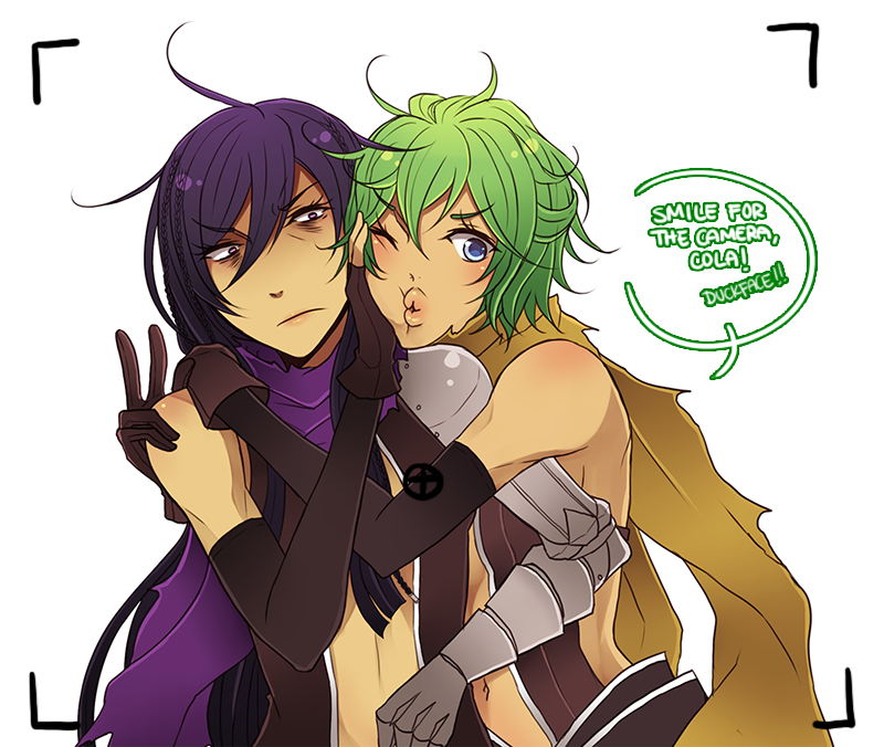 2girls assassin_cross_(ragnarok_online) bags_under_eyes black_gloves black_leotard blue_eyes blush breasts closed_mouth elbow_gloves english_text frown gloves green_hair hug leotard long_hair looking_at_viewer medium_breasts messy_hair multiple_girls one_eye_closed puckered_lips purple_eyes purple_hair ragnarok_online revealing_clothes rinslette short_hair simple_background upper_body v v-shaped_eyebrows viewfinder white_background