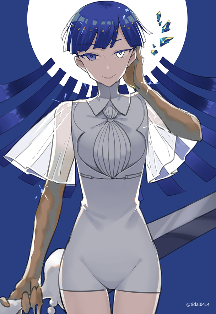 1other androgynous blue_background blue_eyes blue_hair blunt_bangs full_moon gem golden_arms heterochromia houseki_no_kuni looking_at_viewer moon nashi_(tidal0414) phosphophyllite phosphophyllite_(ll) see-through_clothes short_hair shorts smile solo spoilers sword weapon white_eyes