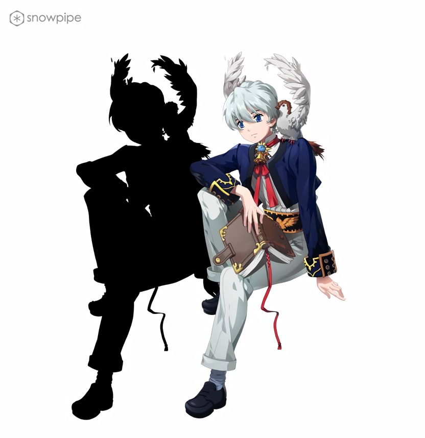 1girl 1other alternate_costume amulet animal animal_on_shoulder arm_on_own_knee artist_request bell bird black_footwear blue_eyes blue_jacket blue_pendant blue_sleeves book bookmark buttoned_cuffs buttons choker collar collared_shirt company_name english_text feathers grey_hair grey_socks hair_between_eyes holding holding_book jacket leg_up light_smile loafers logo mandarin_collar official_art pants red_choker red_ribbon reni_milchstrasse ribbon sakura_taisen sakura_taisen_ii sega shirt shoes short_hair silhouette simple_background sitting socks solo_focus third-party_source watermark white_background white_bird white_collar white_feathers white_pants white_shirt wings