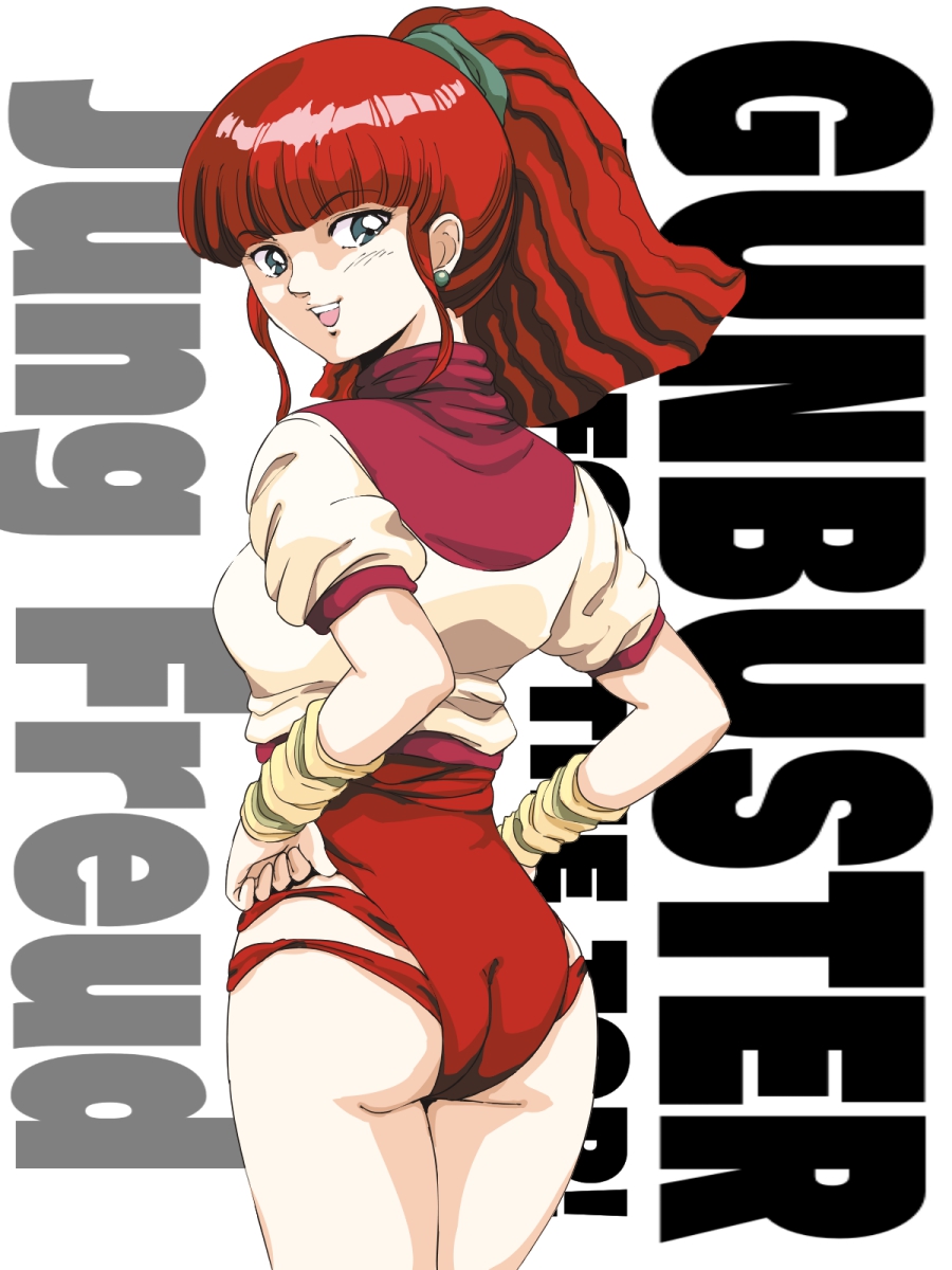1girl aqua_eyes aqua_scrunchie ass character_name copyright_name cowboy_shot earrings gunbuster hair_ornament hair_scrunchie hands_on_own_hips highres jewelry jung_freud legs leotard looking_at_viewer looking_back m_o_(prftz) open_mouth ponytail red_hair red_leotard scrunchie short_sleeves simple_background smile solo standing teeth thighs top_wo_nerae! top_wo_nerae!_(series) upper_teeth_only wedgie white_background wristband