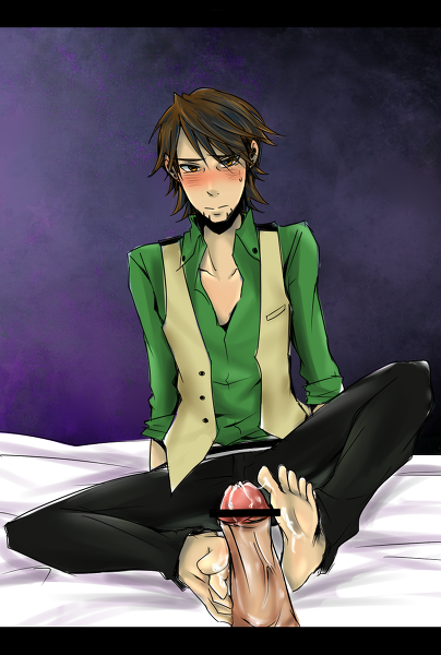 10s artist_request barefoot black_pants blush brown_hair censored cum cum_on_body cum_on_lower_body disembodied_penis facial_hair feet footjob green_shirt kaburagi_t._kotetsu male_focus pants penis pov shirt sitting source_request tiger_