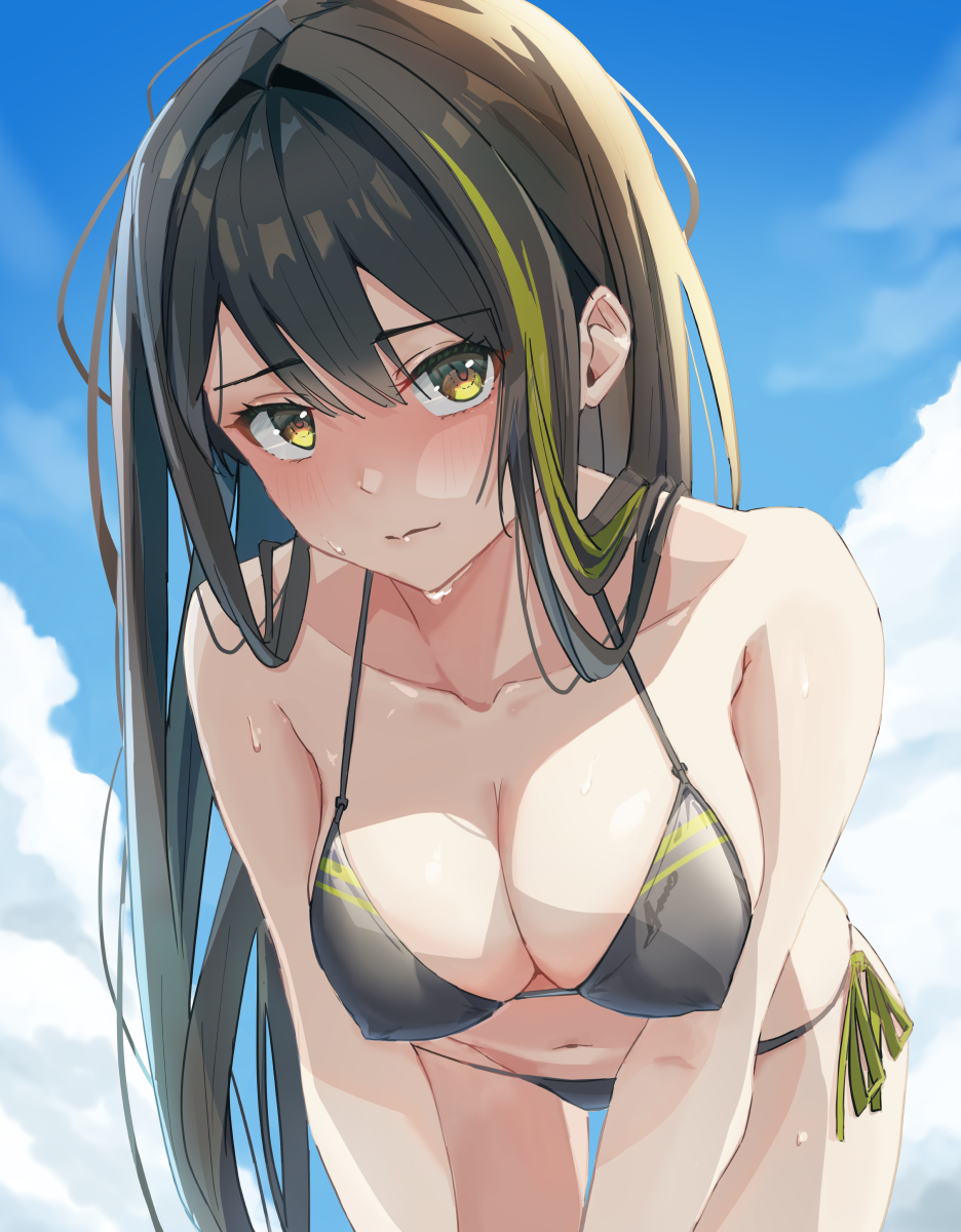 1girl alternate_costume ammo21204760 bent_over bikini black_bikini blue_sky breasts brown_hair cleavage cloud collarbone commentary covered_erect_nipples cowboy_shot day english_commentary girls&#039;_frontline highres leaning_forward long_hair looking_at_viewer m4a1_(girls&#039;_frontline) multicolored_hair navel outdoors revision side-tie_bikini_bottom sky solo streaked_hair swimsuit
