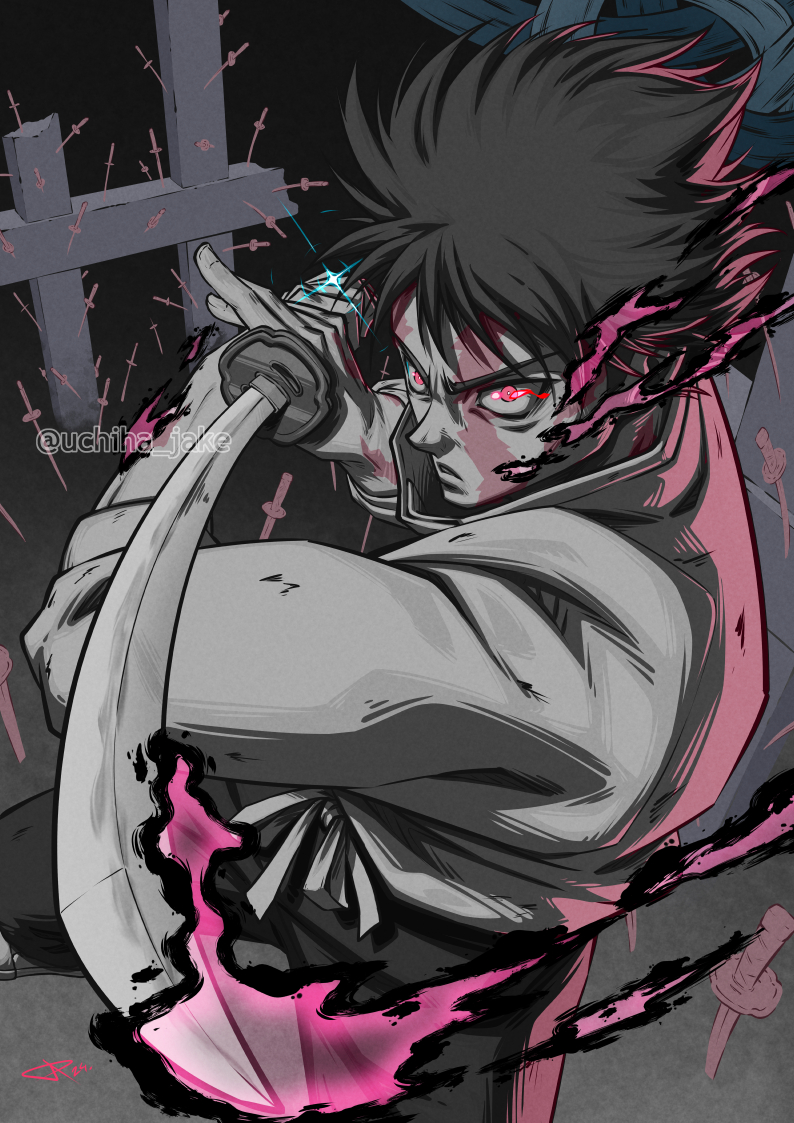 1boy black_hair energy holding holding_sword holding_weapon jujutsu_kaisen katana okkotsu_yuuta pink_eyes solo sword uchiha_jake weapon