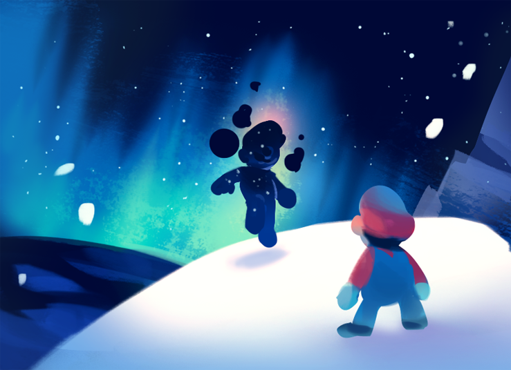2boys clone cosmic_mario gigi_d.g. gloves hat male_focus mario mario_(series) multiple_boys nintendo overalls sky space star_(sky) starry_sky super_mario_galaxy