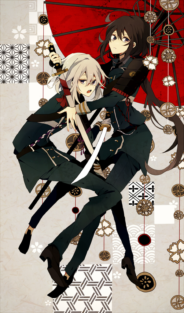 10s 2boys armor asa_no_ha_(pattern) black_hair highres honebami_toushirou japanese_armor long_hair male_focus military military_uniform multiple_boys namazuo_toushirou necktie oil-paper_umbrella open_mouth ponytail purple_eyes sagatsu_(miicat) satsuki_(miicat) seigaiha shoulder_armor silver_hair sode sword touken_ranbu umbrella very_long_hair weapon