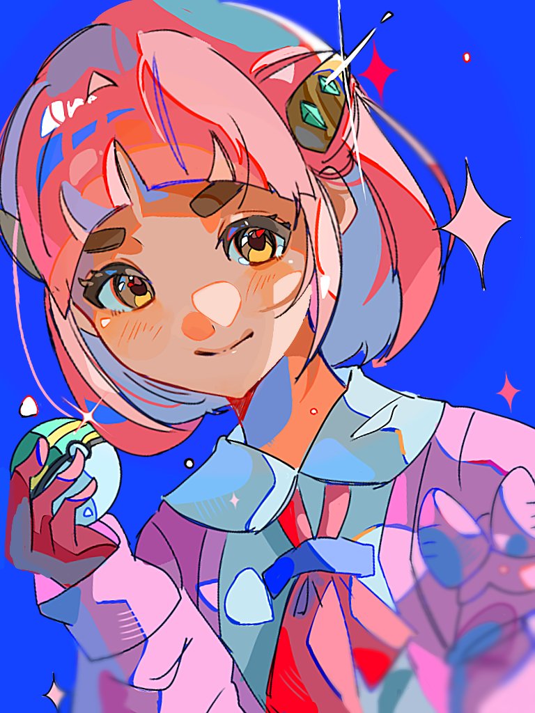 1girl ascot blue_background cardigan closed_mouth collared_shirt gloves hair_ornament hairclip hami_(3hm6gebdf619771) hand_up holding holding_poke_ball lacey_(pokemon) long_sleeves mismatched_eyebrows nest_ball nintendo open_cardigan open_clothes parted_bangs pink_cardigan pink_hair poke_ball pokemon pokemon_sv red_ascot red_gloves shirt short_hair smile solo thick_eyebrows white_shirt yellow_eyes