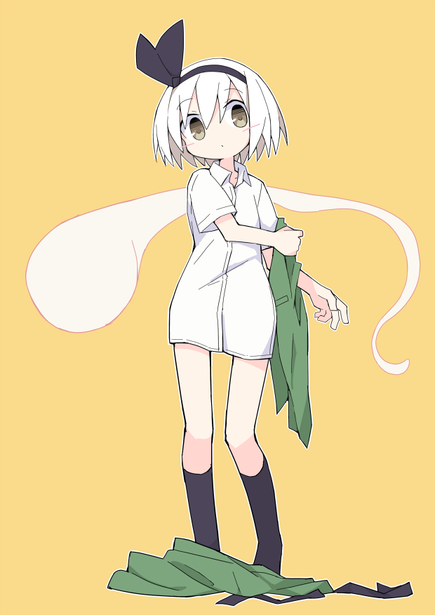 1girl asameshi black_hairband black_ribbon black_socks blush_stickers commentary female_focus full_body green_skirt green_vest hair_ribbon hairband konpaku_youmu konpaku_youmu_(ghost) looking_at_viewer ribbon shirt short_hair short_sleeves simple_background skirt socks solo touhou undressing unworn_skirt vest white_hair white_shirt yellow_background