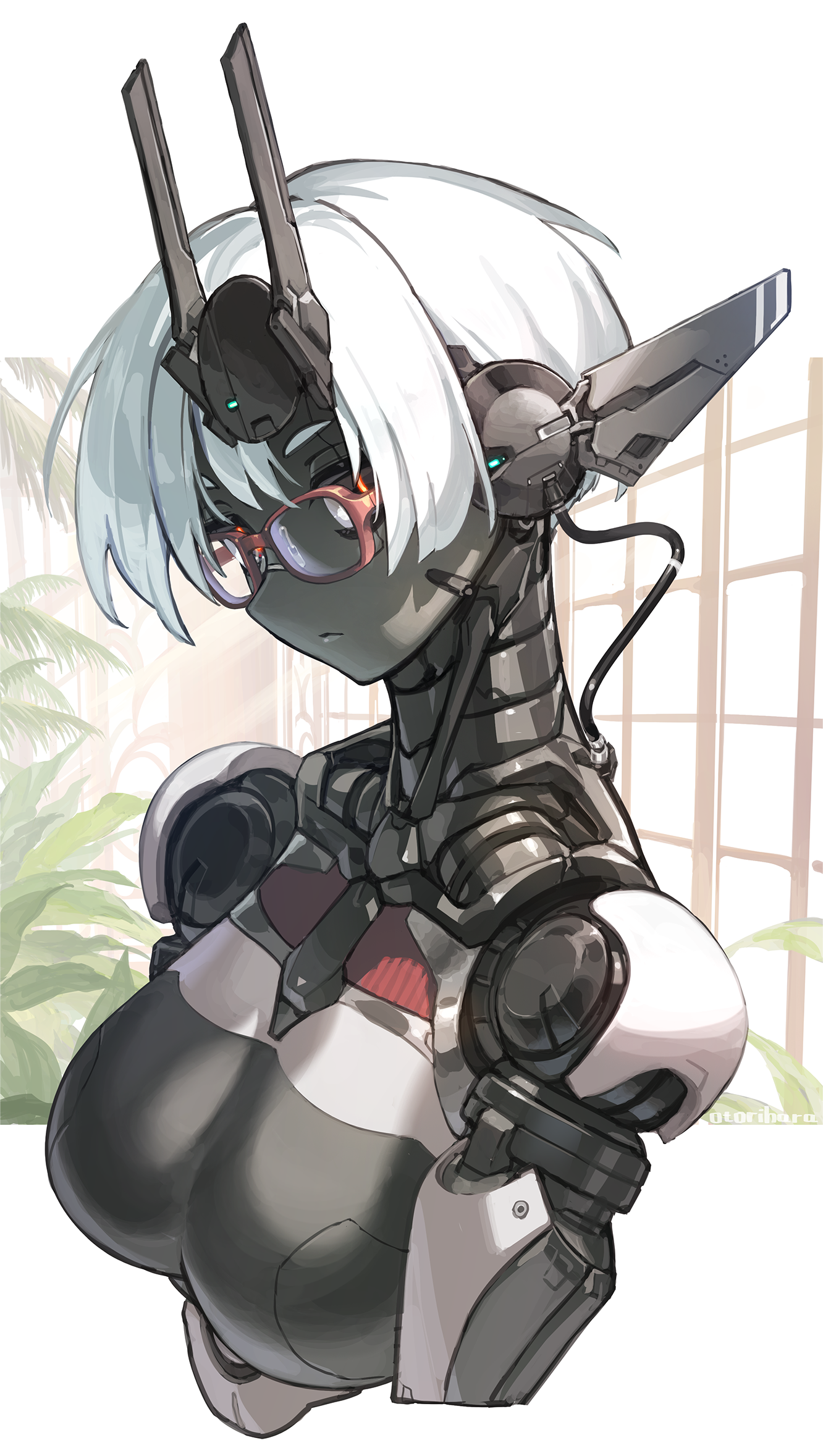 1girl black_eyes breasts cable colored_skin cropped_torso glasses go-malniju grey_skin highres indoors joints lens_eye looking_at_viewer mechanical_ears medium_breasts multicolored_eyes original plant potted_plant ringed_eyes robot_girl robot_joints science_fiction short_hair solo very_short_hair white_hair