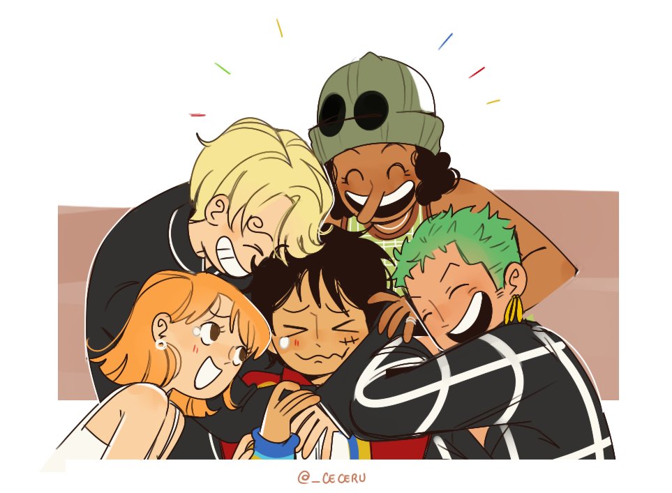 1girl 4boys ^_^ black_hair blonde_hair brown_eyes cesel closed_eyes comforting curly_hair dark-skinned_male dark_skin earrings green_hair grin group_hug hat hug jewelry looking_at_another monkey_d._luffy multiple_boys nami_(one_piece) one_piece one_piece_(live_action) open_mouth orange_hair roronoa_zoro sanji_(one_piece) scar smile tan tearing_up twitter_username usopp
