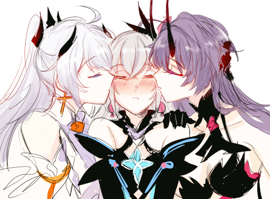 3girls blush bronya_zaychik closed_eyes daikon_daikon hair_ornament honkai_(series) honkai_impact_3rd implied_yuri kiana_kaslana kiana_kaslana_(herrscher_of_flamescion) kiss long_hair multiple_girls purple_hair raiden_mei raiden_mei_(herrscher_of_thunder) sandwiched white_background white_hair yuri