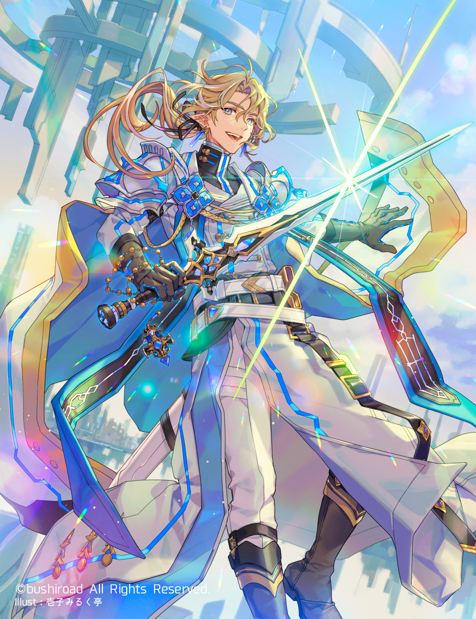 1boy :d ahoge armor belt black_belt black_boots black_gloves black_ribbon black_shirt blonde_hair blue_cape blue_eyes boots cape cardfight!!_vanguard cloud coat copyright_notice curtained_hair day earrings feet_out_of_frame floating_building floating_island glint gloves hair_between_eyes hair_ribbon highres holding holding_jewelry holding_necklace holding_sword holding_weapon ichiko_milk_tei jewelry long_coat long_hair long_sleeves looking_at_viewer low_ponytail male_focus necklace official_art open_mouth outstretched_arm pants pendant pendant_removed pointy_ears ponytail ribbon rosary sheath shirt smile solo standing stole sword turtleneck two-sided_cape two-sided_fabric weapon white_armor white_belt white_cape white_coat white_pants