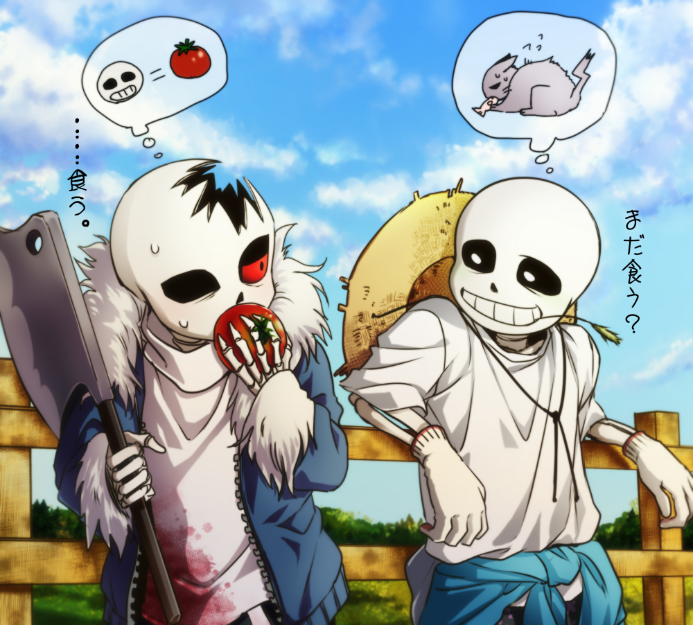 2boys ahin_vpv axe black_sclera blue_jacket colored_sclera dual_persona food gloves grin hat holding holding_axe holding_food holding_vegetable jacket male_focus multiple_boys red_eyes sans_(undertale) shirt skeleton smile straw_hat teeth tomato undertale vegetable white_gloves white_shirt