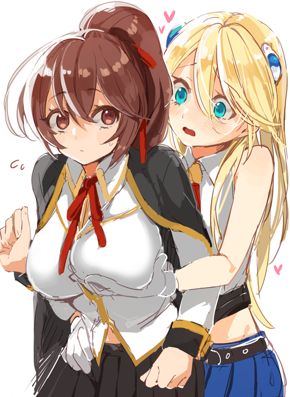 2girls bare_shoulders blazblue blazblue:_chronophantasma blonde_hair blue_eyes breast_envy breasts brown_eyes brown_hair celica_a._mercury gloves grabbing_another&#039;s_breast groping hair_ornament hairclip heart large_breasts multiple_girls niimaru noel_vermillion ponytail skirt