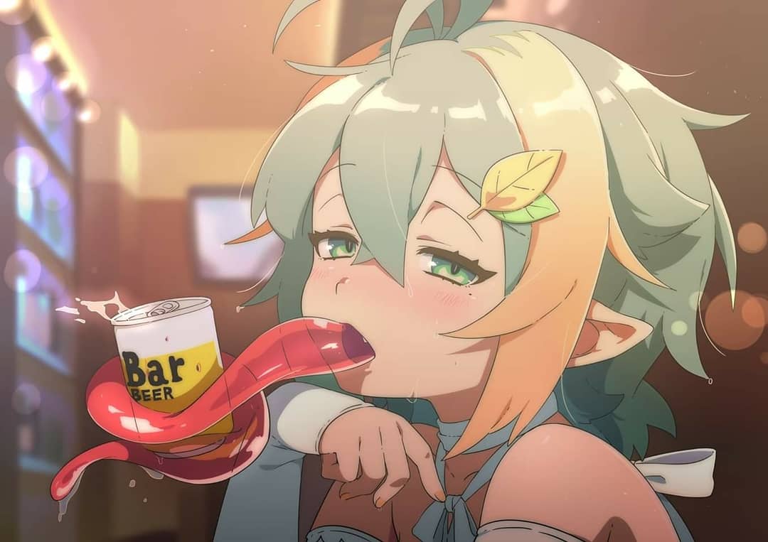 1girl alcohol antenna_hair bare_shoulders beer blurry blurry_background blush bokeh can choker collarbone crossed_bangs depth_of_field detached_sleeves drink drunk english_text female_focus from_side green_eyes green_hair hair_ornament half-closed_eyes hand_up hot indoors jpeg_artifacts leaf_hair_ornament linmiu_(smilemiku) long_tongue looking_at_viewer mole mole_under_eye multicolored_hair nose_blush open_mouth orange_hair original pointy_ears prehensile_tongue saliva short_hair solo streaked_hair sweat tongue tongue_hold tongue_out upper_body vending_machine white_choker white_sleeves
