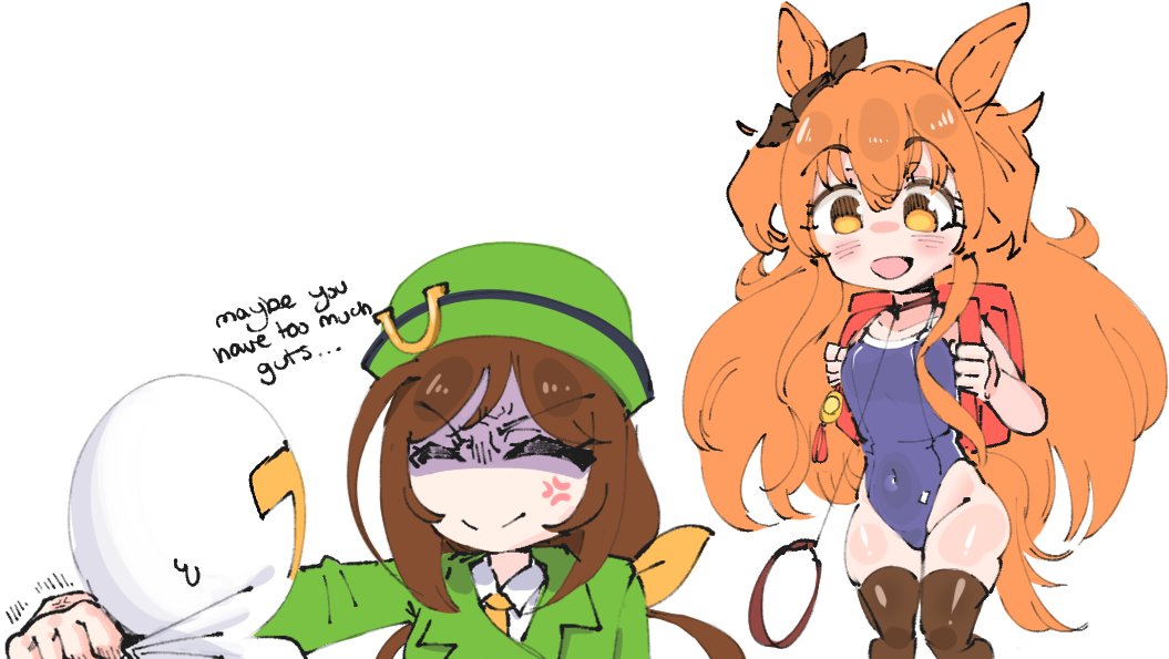 1boy 2girls anger_vein angry animal_ears backpack bag blue_one-piece_swimsuit bow brown_bow brown_thighhighs closed_eyes closed_mouth covered_navel cowboy_shot crime_prevention_buzzer ear_bow english_text false_smile green_eyes green_hat hat hayakawa_tazuna horse_ears horse_girl horse_tail leash long_hair manny_mcmannington mayano_top_gun_(umamusume) multiple_girls one-piece_swimsuit open_mouth orange_eyes orange_hair randoseru red_bag shaded_face simple_background smile swimsuit t-head_trainer_(umamusume) tail thighhighs trainer_(umamusume) umamusume white_background