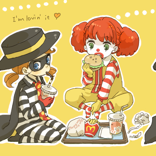 2girls black_cape blue_eyes burger cape clown drinking drinking_straw drinking_straw_in_mouth eating food french_fries genderswap genderswap_(mtf) gloves green_eyes hamburglar jumpsuit long_sleeves low_twintails lowres makeup mcdonald&#039;s multiple_girls necktie pants polka_dot_necktie red_gloves red_hair red_necktie ronald_mcdonald shirt short_hair striped_clothes striped_pants striped_shirt twintails yellow_gloves yellow_jumpsuit yukke