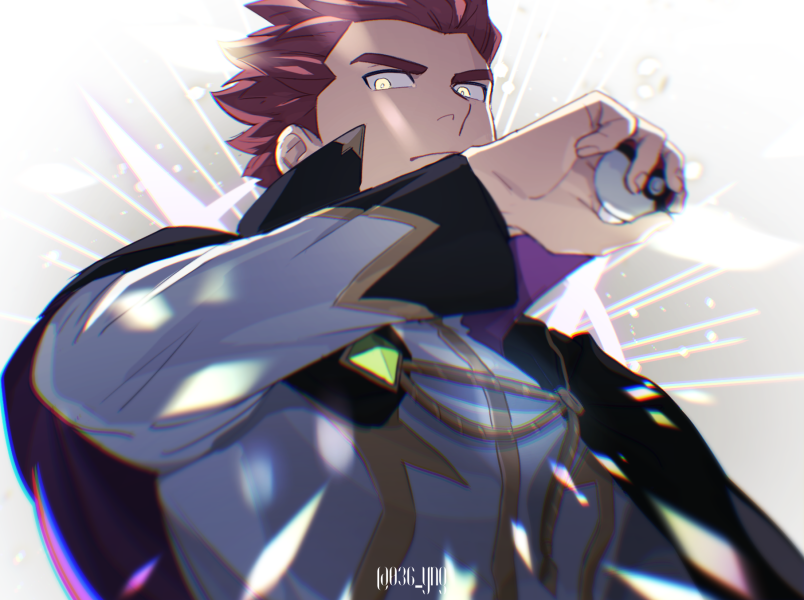 1boy closed_mouth commentary_request hand_up holding holding_poke_ball jacket lance_(arc_suit)_(pokemon) lance_(pokemon) long_sleeves looking_down male_focus nintendo official_alternate_costume poke_ball pokemon pokemon_masters_ex red_hair short_hair solo spiked_hair twitter_username upper_body watermark y_(036_yng) yellow_eyes