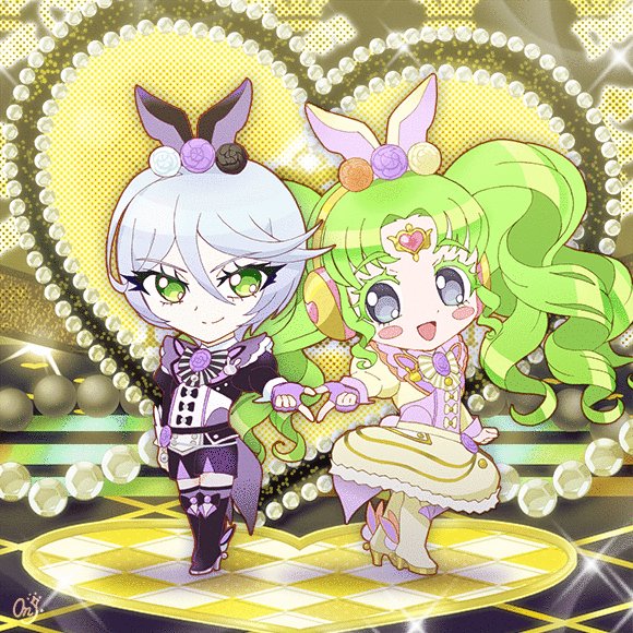 2girls :d animal_ears bad_id bad_twitter_id black_flower black_jacket black_rose black_shorts boots chibi closed_mouth colored_eyelashes cosplay dress falulu falulu_(awakened) flower forehead_jewel full_body gloves green_eyes green_hair grey_eyes grey_hair hair_between_eyes headphones heart heart_hands heart_hands_duo idol idol_clothes jacket kanamori_maria kanamori_maria_(cosplay) kiratto_pri_chan kurokawa_suzu kurokawa_suzu_(cosplay) long_hair looking_at_viewer mdr_onj1807 multiple_girls open_mouth parted_bangs pretty_series pripara purple_flower purple_gloves purple_rose rabbit_ears rose shikyoin_hibiki shirt short_hair shorts sidelocks smile sparkle stage standing twintails very_long_hair white_flower white_rose white_shirt yellow_dress yellow_jacket