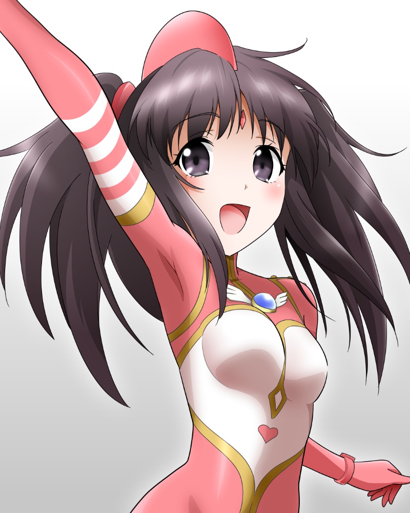 1girl :d aiueo8371 arm_up armpits black_hair blush bodysuit bracelet breasts clenched_hand color_timer commentary dorsal_fin forehead_jewel gem gold_trim gradient_background grey_eyes heart heart_print jewelry long_hair looking_at_viewer multicolored_bodysuit open_mouth outstretched_arm pink_bodysuit red_gemstone skin_tight small_breasts smile solo striped_bodysuit tokusatsu tsukishima_akari twintails two-tone_bodysuit ultra_series ultraman_sisters ultrawoman_jeanne upper_body white_background white_bodysuit