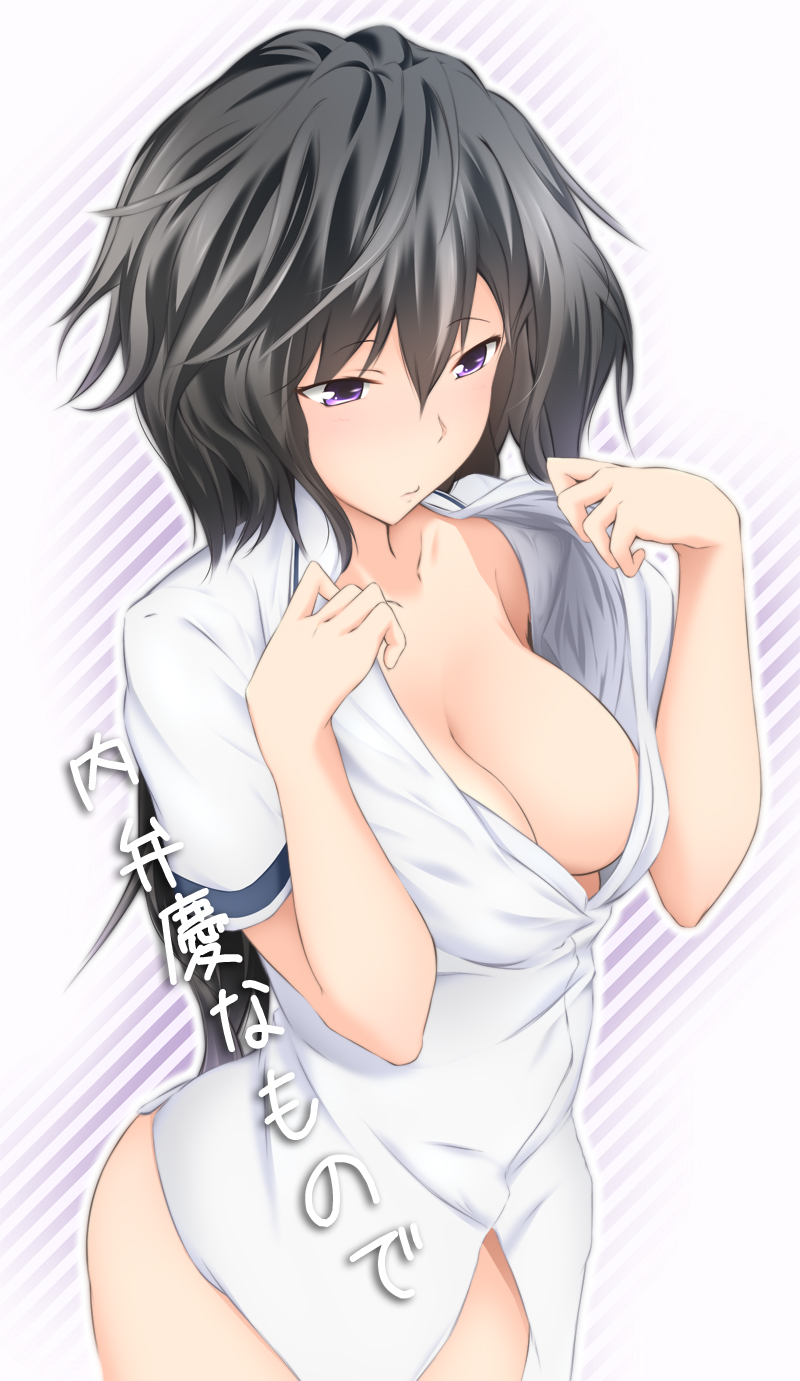 1girl armpit_peek breasts cleavage female_focus highres kokutou maji_de_watashi_ni_koi_shinasai! maji_de_watashi_ni_koi_shinasai!_s messy_hair musashibou_benkei open_clothes open_shirt purple_eyes shirt solo translation_request