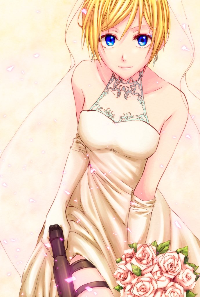 1girl blonde_hair blue_eyes bouquet breasts bridal_veil bride closed_mouth dress elbow_gloves end_of_eternity flower gloves gun holding holding_bouquet looking_at_viewer medium_breasts reanbell short_hair simple_background smile solo strapless strapless_dress veil weapon wedding_dress white_dress white_gloves