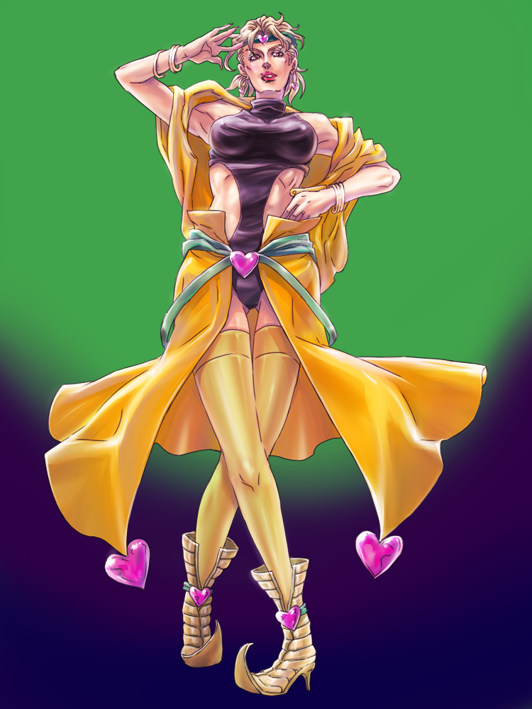 1girl blonde_hair bracelet breasts buckle covered_erect_nipples dio_brando earrings full_body genderswap genderswap_(mtf) heart heart-shaped_buckle heart_headband jewelry jojo_no_kimyou_na_bouken medium_breasts pointy_footwear red_eyes robe saksak69 sleeveless_turtleneck_leotard solo standing stardust_crusaders thighhighs waist_cape yellow_robe yellow_thighhighs