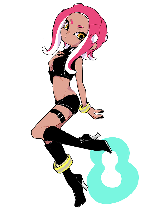 1girl agent_8_(splatoon) anklet belt black_belt black_boots black_nails black_shirt black_skirt boots closed_mouth commentary_request crop_top dark-skinned_female dark_skin full_body groin hand_on_own_chest imaikuy0 jewelry knee_boots medium_hair midriff miniskirt navel nintendo octoling outline parted_bangs pink_hair shirt single_sleeve skirt solo splatoon_(series) splatoon_2 splatoon_2:_octo_expansion standing standing_on_one_leg tentacle_hair thigh_belt thigh_strap transparent_background white_outline wristband yellow_eyes zipper_pull_tab