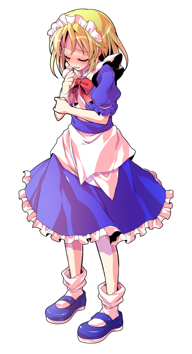 1girl apron bare_arms blonde_hair blue_dress blue_shoes blush bobby_socks bow bowtie closed_eyes commentary_request dairi dress frilled_dress frills full_body furrowed_brow highres large_variant_set maid maid_headdress mary_janes mugetsu_(touhou) open_mouth puffy_short_sleeves puffy_sleeves red_bow red_bowtie shoes short_sleeves socks solo standing touhou touhou_(pc-98) transparent_background variant_set waist_apron white_apron white_socks yellow_eyes