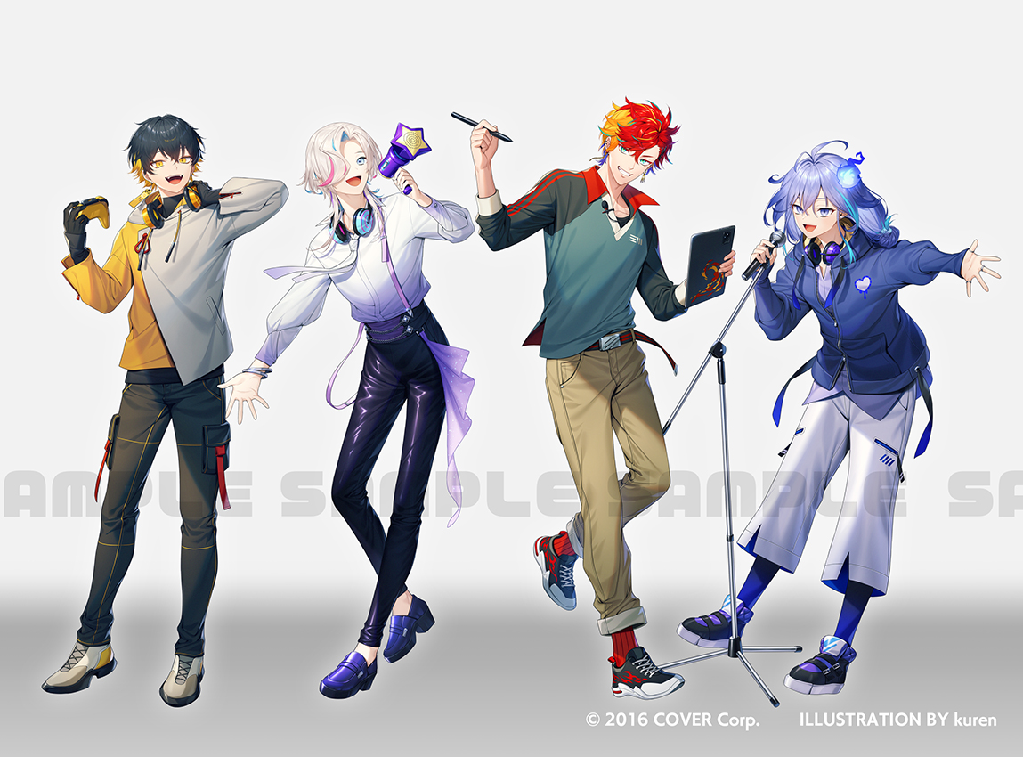 4boys :d alternate_costume antenna_hair aqua_shirt artist_name belt black_belt black_gloves black_hair black_pants black_shirt black_shoes black_sleeves blonde_hair blue_eyes blue_hair blue_jacket blue_socks bracelet brown_pants capri_pants collared_shirt controller copyright_notice crossed_bangs curtained_hair drawstring earrings fangs full_body game_controller gloves gradient_background grey_background grey_hoodie grin hair_between_eyes hair_over_one_eye hand_on_headphones hand_up headphones headphones_around_neck heart heart_print high-waist_pants high_tops hitodama hizaki_gamma holding holding_controller holding_game_controller holding_megaphone holding_microphone holding_stylus holding_tablet_pc holostars hood hood_down hooded_jacket hoodie jacket jewelry kuren lavalier_microphone leather leather_pants loafers long_hair long_sleeves looking_at_viewer low-tied_long_hair male_focus medium_hair megaphone microphone microphone_stand minase_rio mismatched_earrings multicolored_hair multiple_boys multiple_rings necktie official_art open_collar open_hand open_mouth orange_hair outstretched_arm pants pants_rolled_up partially_unzipped pink_hair pocket polo_shirt purple_eyes purple_hair purple_shirt purple_shoes red_hair red_socks ring sample_watermark shirt shirt_tucked_in shoes short_hair side_part smile sneakers socks standing standing_on_one_leg star_(symbol) streaked_hair stylus suspenders suspenders_hanging tablet_pc tight_clothes tight_pants turtleneck two-tone_hair two-tone_hoodie untucked_shirt uproar_(holostars) utsugi_uyu virtual_youtuber watermark white_background white_hair white_necktie white_pants white_shirt white_shoes yatogami_fuma yellow_belt yellow_eyes yellow_hoodie