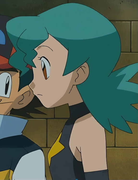 1boy 1girl aged_down ash_ketchum bare_shoulders gen_4_pokemon gloves green_hair jenny_(pokemon) long_glove marble_(pokemon) nintendo official_alternate_costume orange_eyes pokemon pokemon_(anime) pokemon_dp059 pokemon_dppt_(anime) spandex