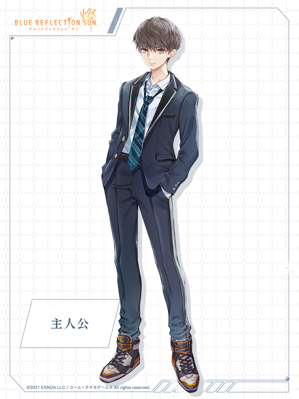 1boy belt black_belt blazer blue_jacket blue_necktie blue_pants blue_reflection_(series) blue_reflection_sun brown_eyes brown_hair closed_mouth collared_shirt copyright_name copyright_notice full_body grey_shoes hands_in_pockets highres jacket kishida_mel lapels long_sleeves looking_at_viewer male_focus necktie official_art open_clothes open_jacket pants protagonist_(blue_reflection_sun) school_uniform shirt shoes short_hair simple_background sneakers solo white_background white_shirt