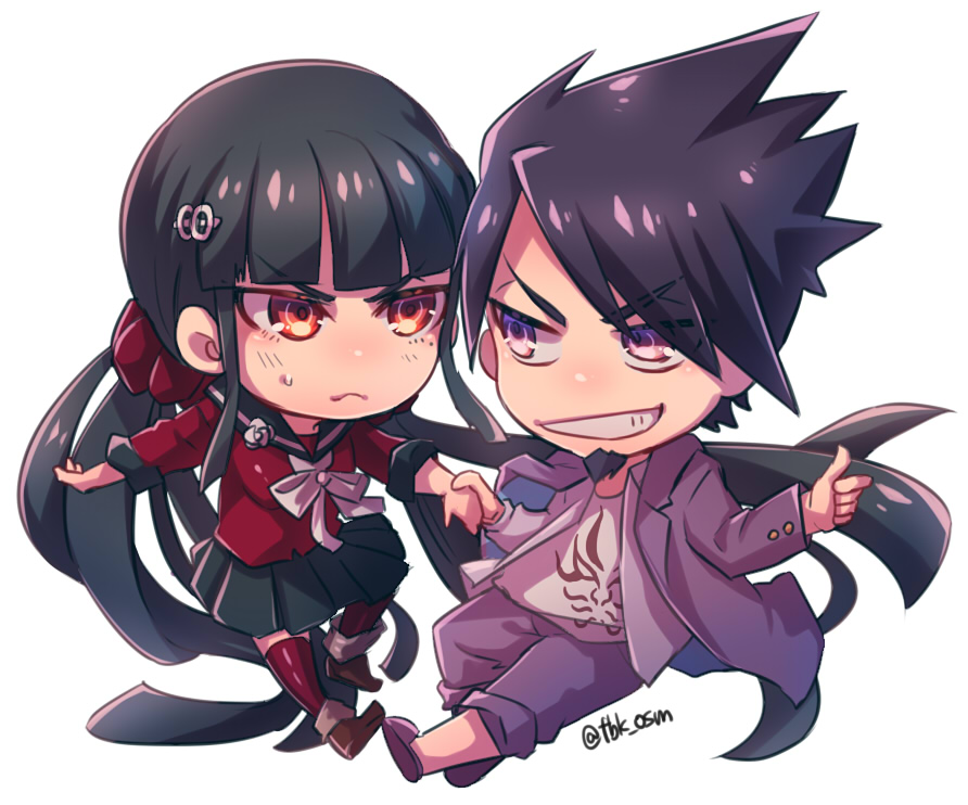 1boy 1girl beard black_hair chibi danganronpa_(series) facial_hair goatee hair_ornament hairclip holding_hands harukawa_maki hetero kamuinii long_hair momota_kaito danganronpa_v3:_killing_harmony pleated_skirt purple_eyes red_eyes school_uniform serafuku simple_background skirt smile sweat thighhighs twintails white_background