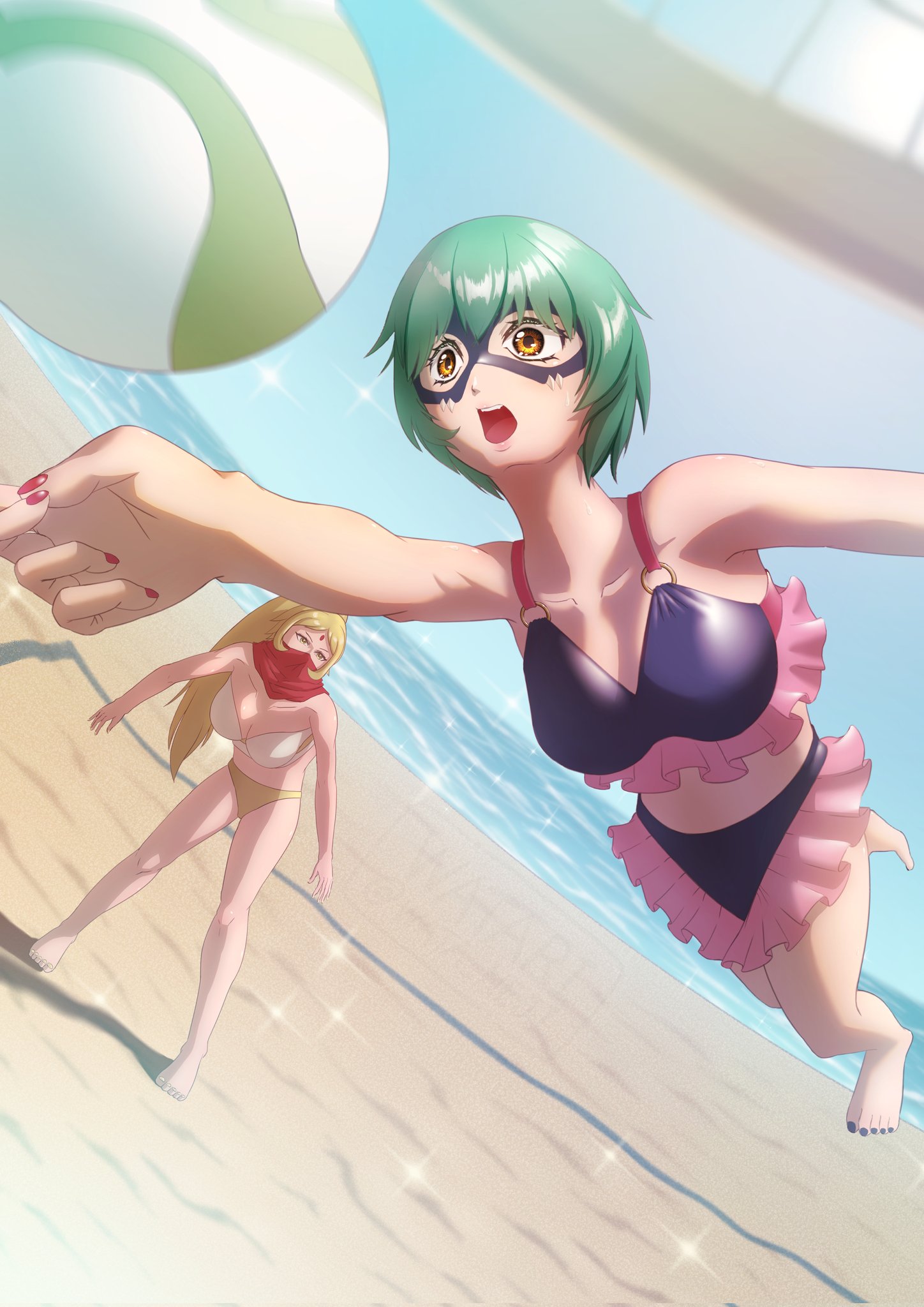 beach bikini cho-hakkaimon digimon digimon_(creature) hat highres mask monk nail_polish sanzomon swimsuit
