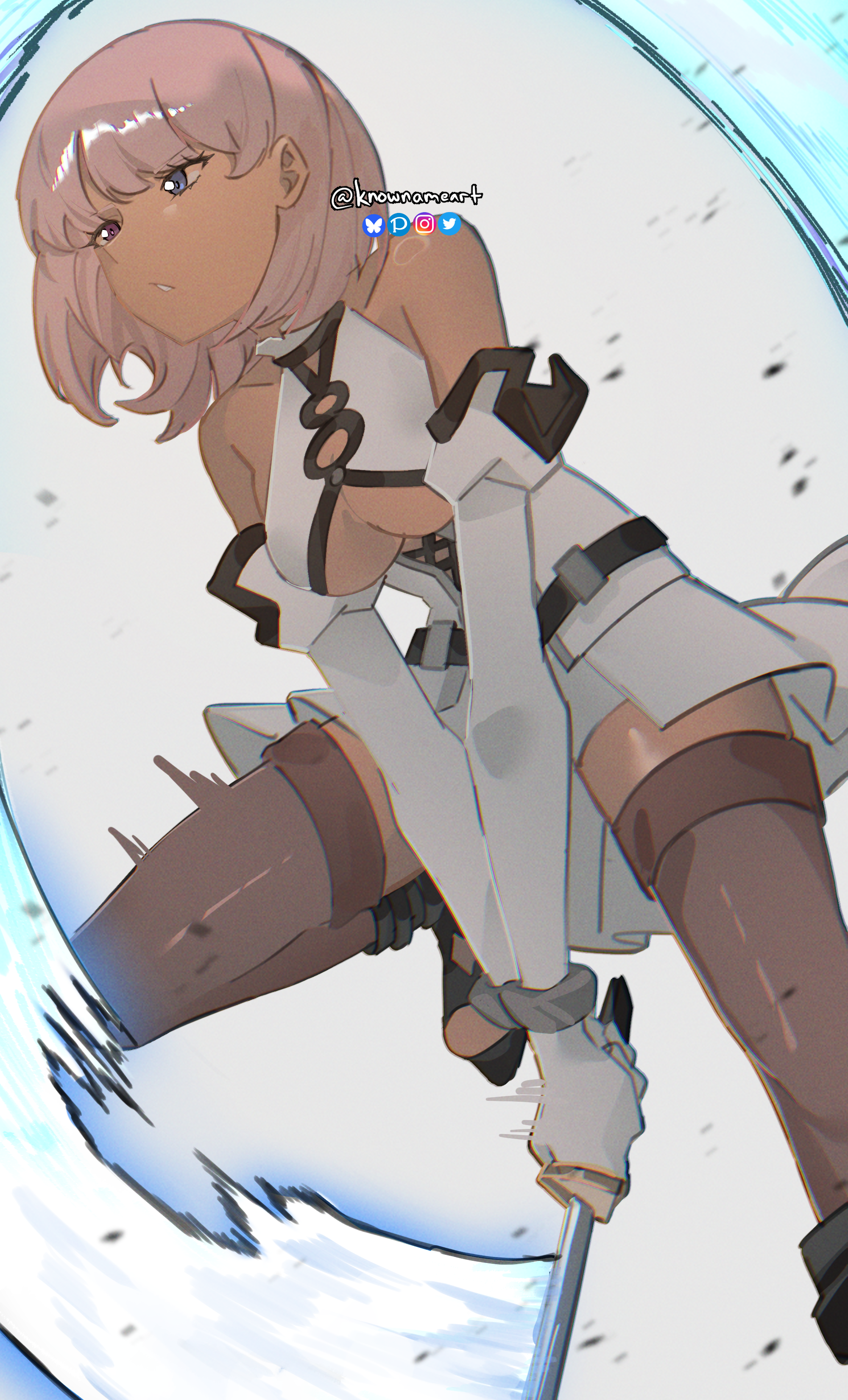 1girl absurdres alma_judikhali artist_name blue_eyes breasts brown_thighhighs cleavage corset dark-skinned_female dark_skin eyebrows_hidden_by_hair gloves heterochromia highres holding holding_sword holding_weapon jacket jumping knowname large_breasts looking_ahead open_mouth purple_eyes saikyou_no_shien-shoku_"wajutsushi"_dearu_ore_wa_sekai_saikyou_kuran_o_shitagaeru shorts simple_background solo swinging_arms sword thighhighs trembling underboob weapon white_background white_corset white_gloves white_hair white_jacket white_shorts