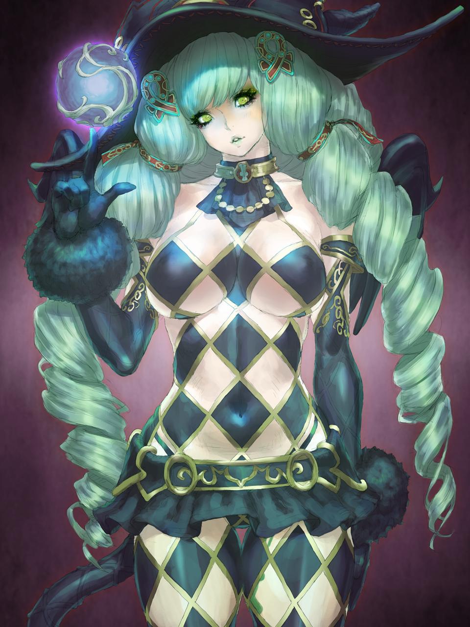 1girl argyle_clothes argyle_cutout argyle_legwear black_gloves black_hat breasts clothing_cutout daichan_mona drill_hair elbow_gloves fiore_brunelli gloves green_hair hat highres large_breasts long_hair looking_at_viewer makeup revealing_clothes simple_background skirt solo star_ocean star_ocean_integrity_and_faithlessness tattoo witch_hat yellow_eyes